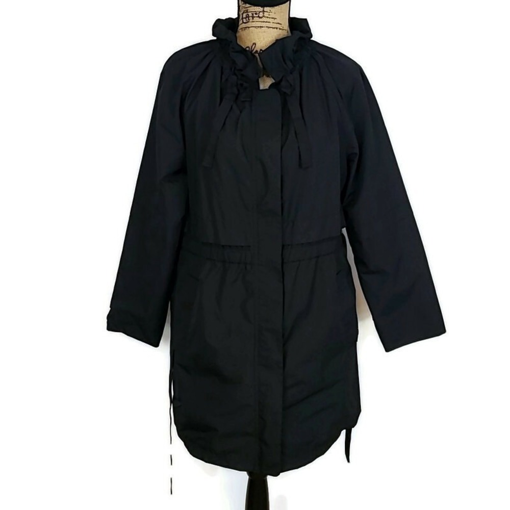 Loft Black Hooded Anorak Jacket Ruffle Trim Lightweight Utility‎ Parka sz L pet
